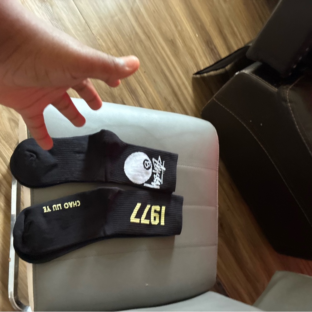 Supreme Black Crew Socks with Yellow '1977' and White Logo